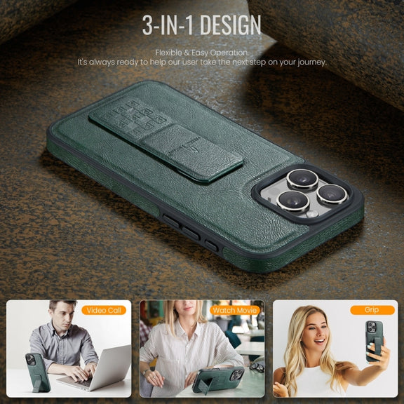 For iPhone 16 Pro Fierre Shann Oil Wax Cow Leather Holder Back Phone Case(Green)