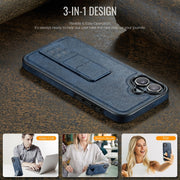 For iPhone 16 Fierre Shann Oil Wax Cow Leather Holder Back Phone Case(Blue)