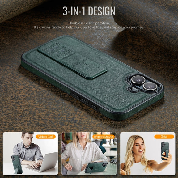 For iPhone 16 Fierre Shann Oil Wax Cow Leather Holder Back Phone Case(Green)