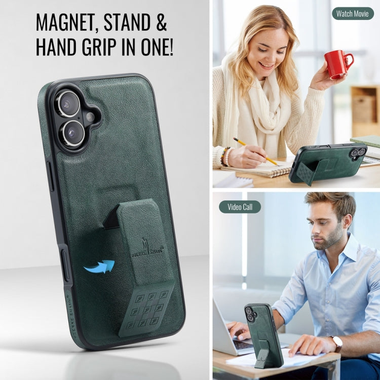 For iPhone 16 Fierre Shann Oil Wax Cow Leather Holder Back Phone Case(Green)