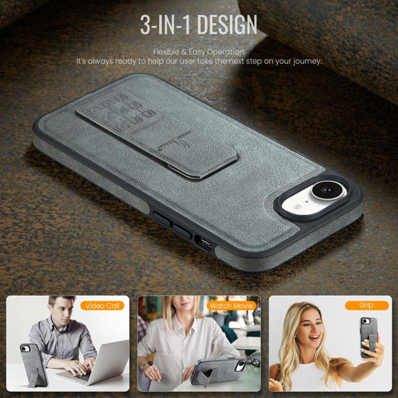 For iPhone 16e Fierre Shann Oil Wax Cow Leather Holder Back Phone Case(Grey)
