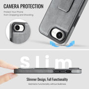 For iPhone 16e Fierre Shann Oil Wax Cow Leather Holder Back Phone Case(Grey)