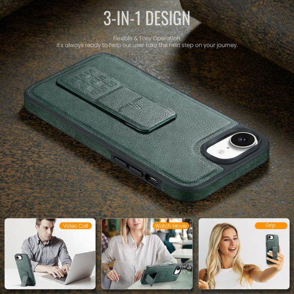 For iPhone 16e Fierre Shann Oil Wax Cow Leather Holder Back Phone Case(Green)