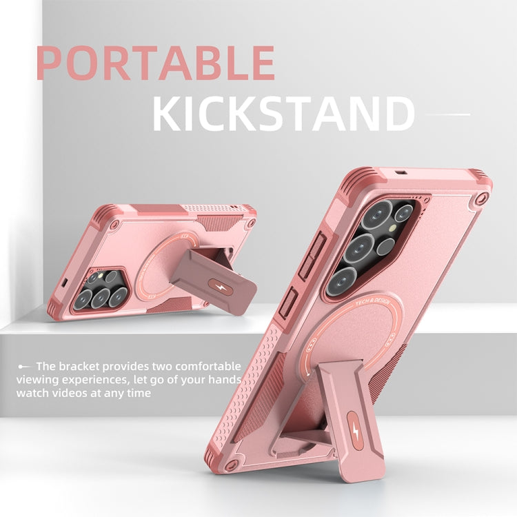 For Samsung Galaxy S25 Ultra 5G Armor MagSafe Holder PC Hybrid TPU Phone Case(Pink)