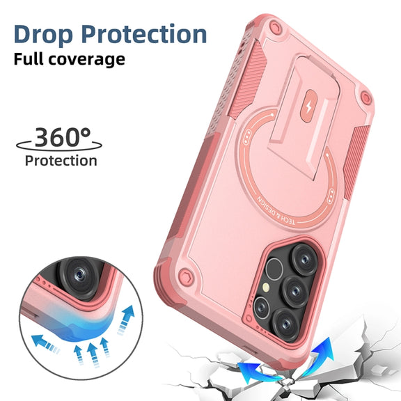 For Samsung Galaxy S25 Ultra 5G Armor MagSafe Holder PC Hybrid TPU Phone Case(Pink)