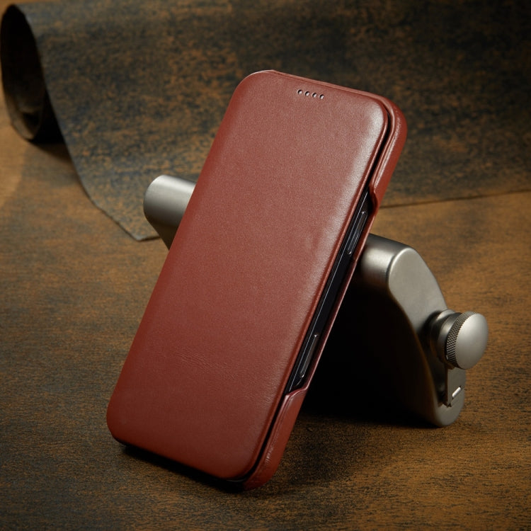 For iPhone 16 Fierre Shann Top Layer Cowhide Business Magnetic Leather Phone Case(Brown)