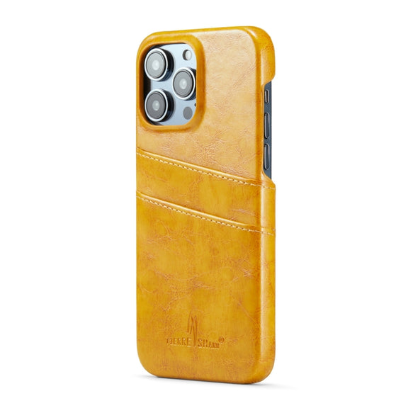 For iPhone 16 Pro Fierre Shann Retro Oil Wax Texture Card Slots PU Leather Phone Case(Yellow)