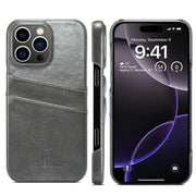 For iPhone 16 Pro Fierre Shann Retro Oil Wax Texture Card Slots PU Leather Phone Case(Grey)
