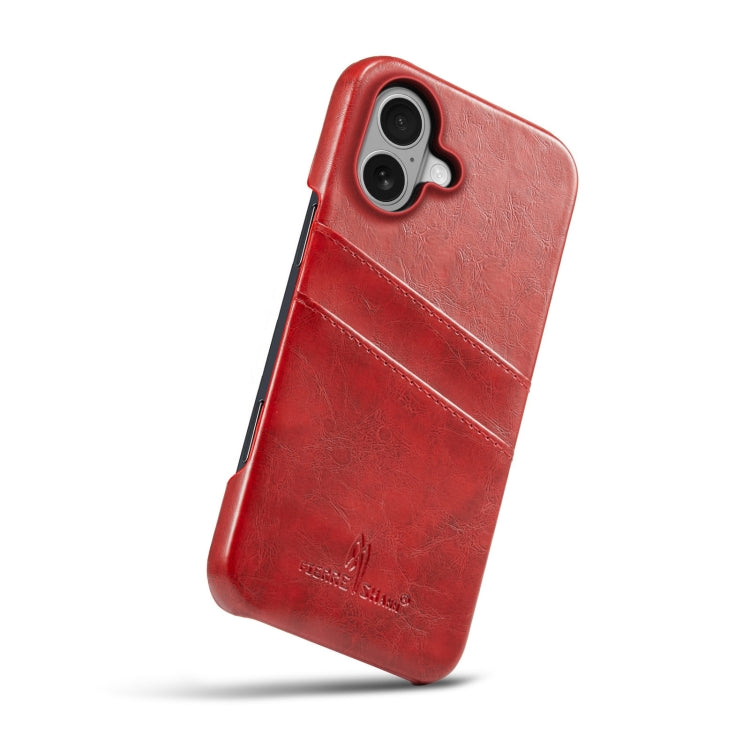For iPhone 16 Plus Fierre Shann Retro Oil Wax Texture Card Slots PU Leather Phone Case(Red)