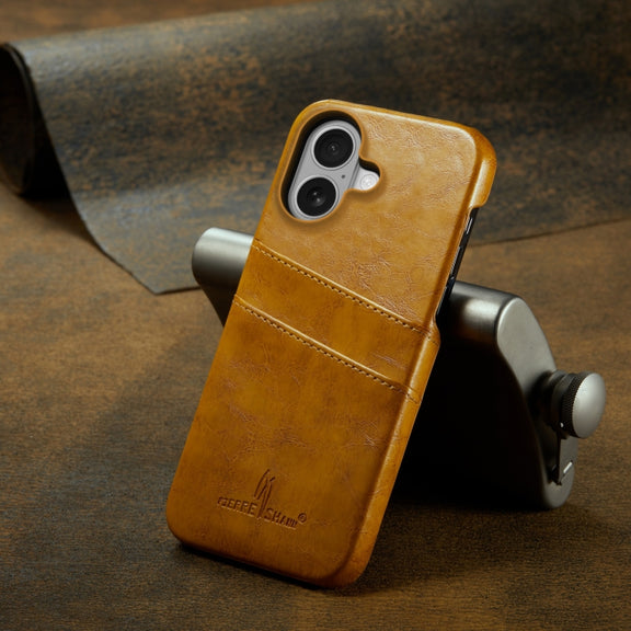For iPhone 16 Fierre Shann Retro Oil Wax Texture Card Slots PU Leather Phone Case(Yellow)