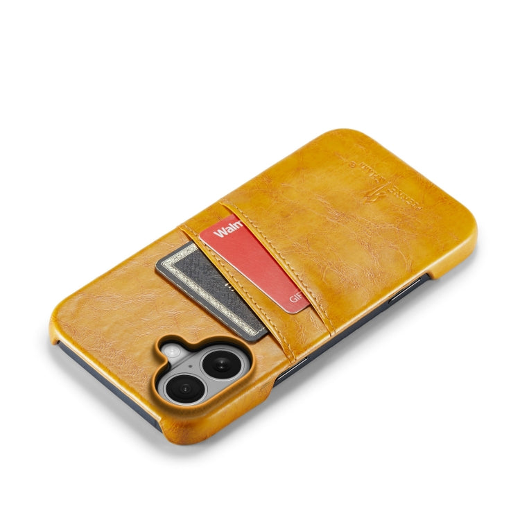 For iPhone 16 Fierre Shann Retro Oil Wax Texture Card Slots PU Leather Phone Case(Yellow)