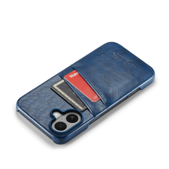 For iPhone 16 Fierre Shann Retro Oil Wax Texture Card Slots PU Leather Phone Case(Blue)