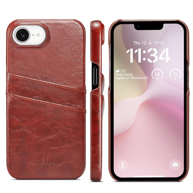 For iPhone 16e Fierre Shann Retro Oil Wax Texture Card Slots PU Leather Phone Case(Brown)