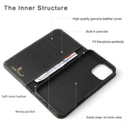 For iPhone 16 Pro Fierre Shann Cowhide Leather Flip Leather Phone Case(Black)