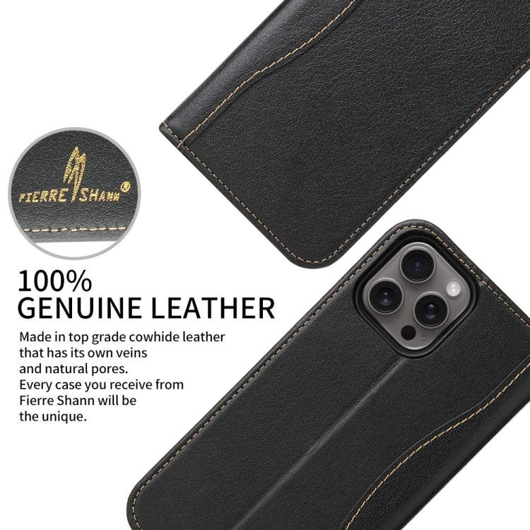 For iPhone 16 Pro Fierre Shann Cowhide Leather Flip Leather Phone Case(Black)