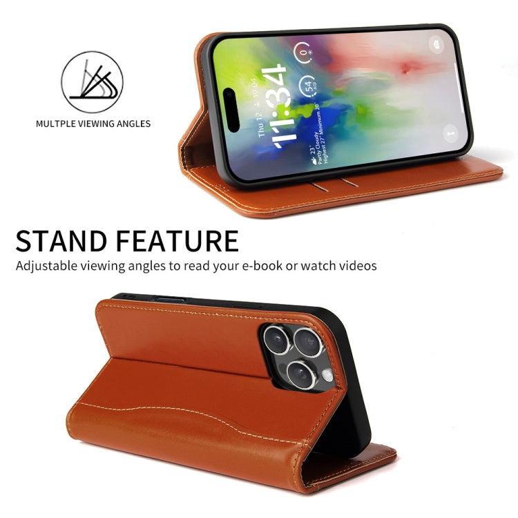 For iPhone 16 Pro Fierre Shann Cowhide Leather Flip Leather Phone Case(Brown)