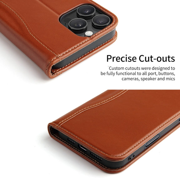 For iPhone 16 Pro Fierre Shann Cowhide Leather Flip Leather Phone Case(Brown)