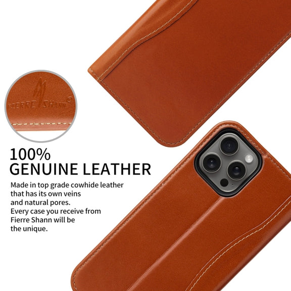 For iPhone 16 Pro Fierre Shann Cowhide Leather Flip Leather Phone Case(Brown)
