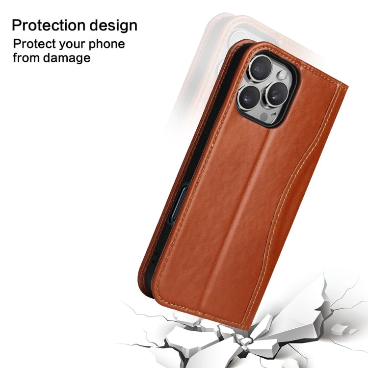 For iPhone 16 Pro Fierre Shann Cowhide Leather Flip Leather Phone Case(Brown)