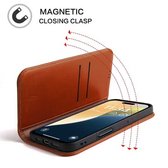 For iPhone 16 Plus Fierre Shann Cowhide Leather Flip Leather Phone Case(Brown)