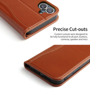 For iPhone 16 Plus Fierre Shann Cowhide Leather Flip Leather Phone Case(Brown)