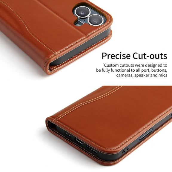 For iPhone 16 Plus Fierre Shann Cowhide Leather Flip Leather Phone Case(Brown)