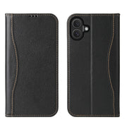 For iPhone 16 Fierre Shann Cowhide Leather Flip Leather Phone Case(Black)