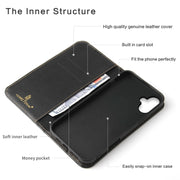 For iPhone 16 Fierre Shann Cowhide Leather Flip Leather Phone Case(Black)