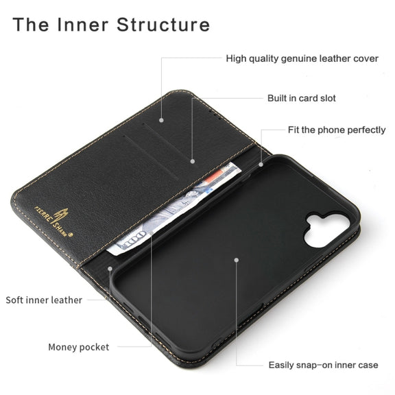 For iPhone 16 Fierre Shann Cowhide Leather Flip Leather Phone Case(Black)