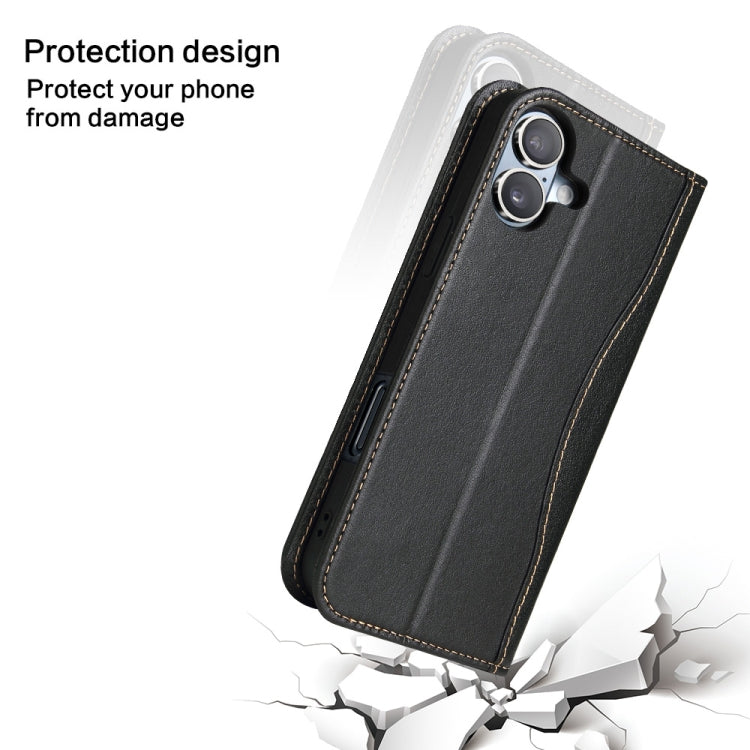For iPhone 16 Fierre Shann Cowhide Leather Flip Leather Phone Case(Black)