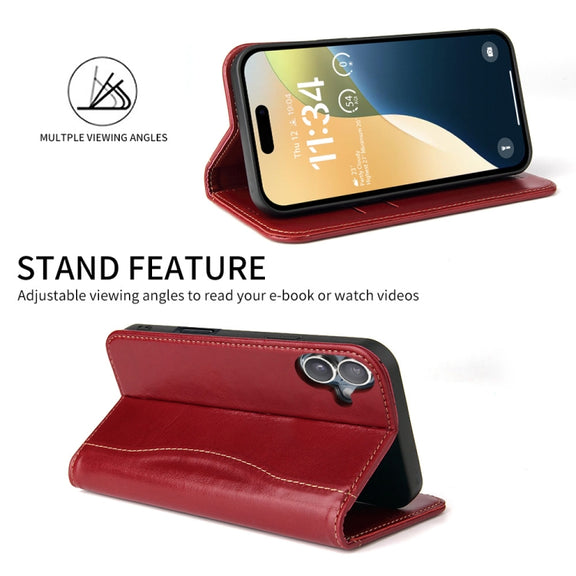 For iPhone 16 Fierre Shann Cowhide Leather Flip Leather Phone Case(Red)