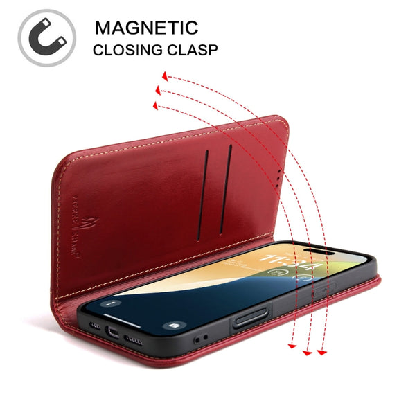 For iPhone 16 Fierre Shann Cowhide Leather Flip Leather Phone Case(Red)