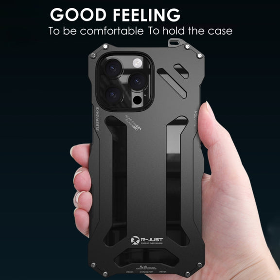 For iPhone 16 Pro R-JUST RJ-17 Shockproof Armor Hollow Metal Phone Case(Black)