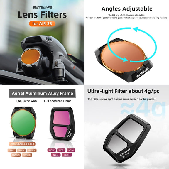 For DJI Air 3S Sunnylife Camera Lens Filter, Filter:6 in 1 UV CPL ND8-64