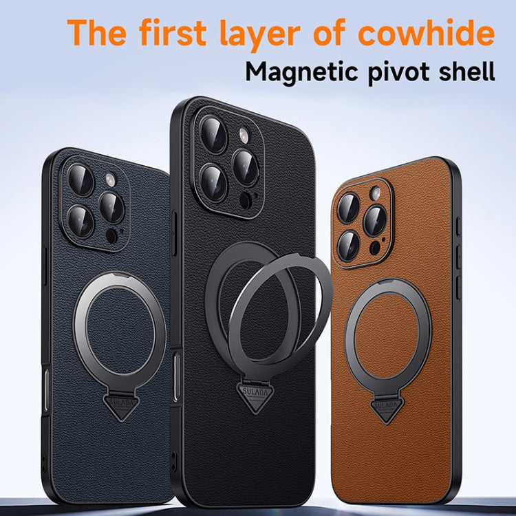 For iPhone 16 Plus SULADA Top Grain Leather MagSafe Magnetic Holder Phone Case(Black)