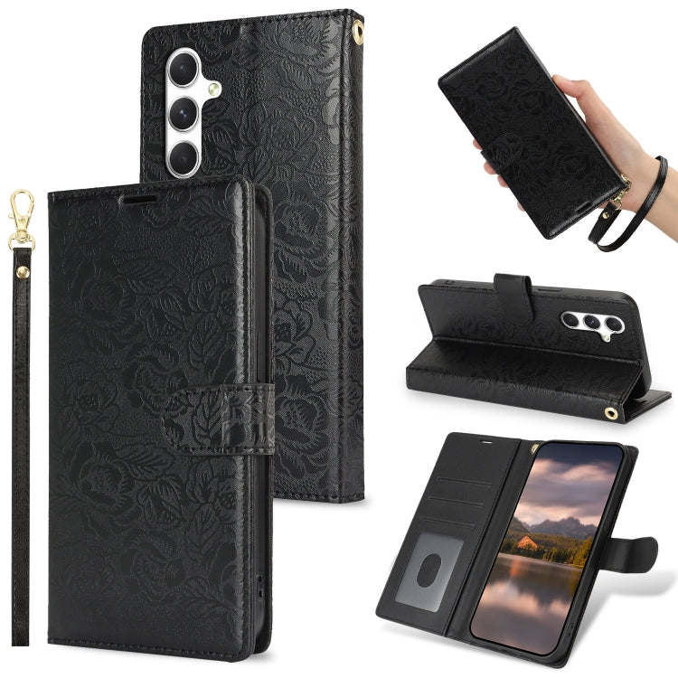 For Samsung Galaxy S25 5G Peony Flowers Imprint Leather Phone Case(Black)