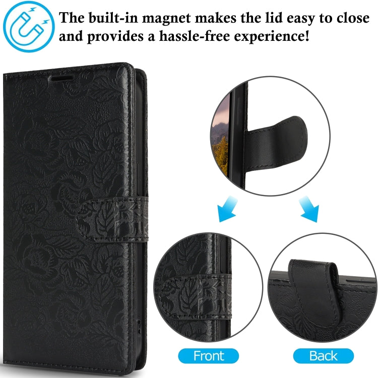For Samsung Galaxy S25 5G Peony Flowers Imprint Leather Phone Case(Black)