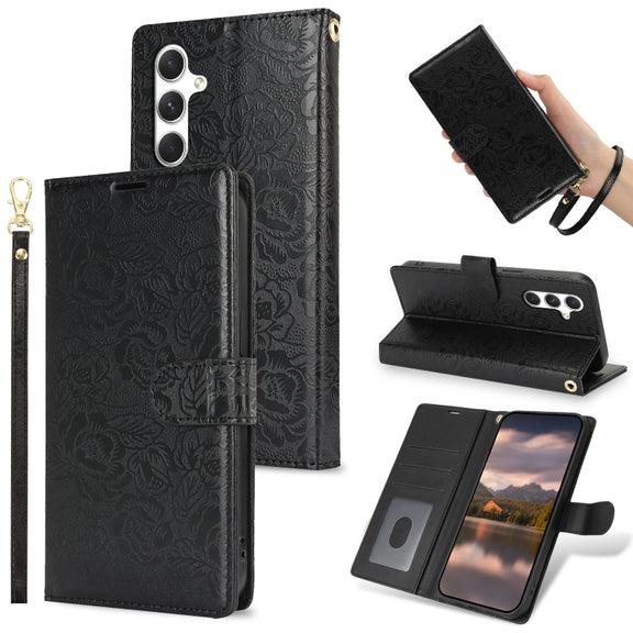 For Samsung Galaxy S25 5G Peony Flowers Imprint Leather Phone Case(Black)