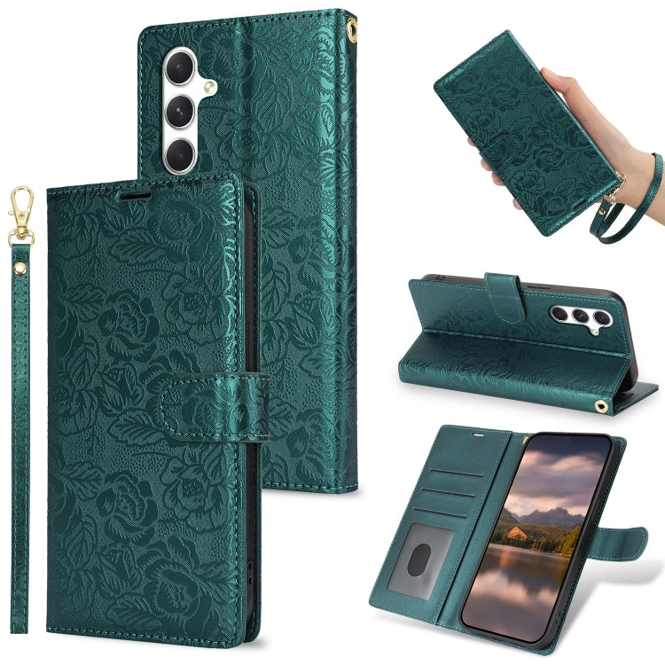 For Samsung Galaxy S25+ 5G Peony Flowers Imprint Leather Phone Case(Green)