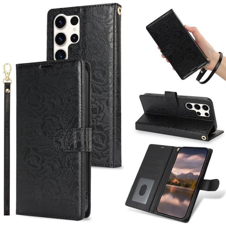 For Samsung Galaxy S25 Ultra 5G Peony Flowers Imprint Leather Phone Case(Black)