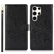 For Samsung Galaxy S25 Ultra 5G Peony Flowers Imprint Leather Phone Case(Black)