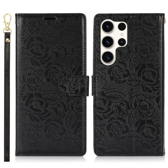 For Samsung Galaxy S25 Ultra 5G Peony Flowers Imprint Leather Phone Case(Black)