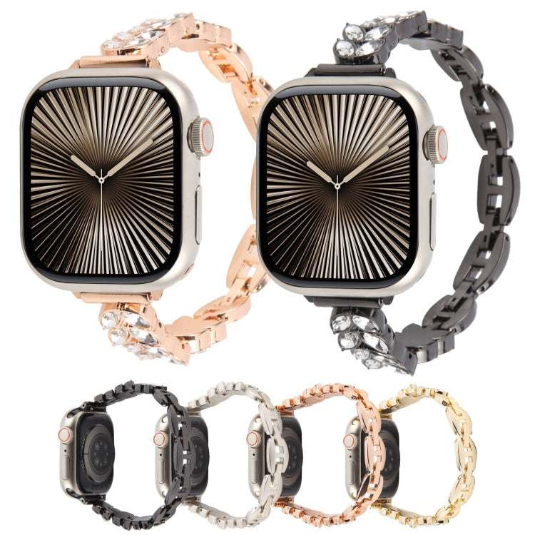 For Apple Watch 42mm / 41mm / 40mm / 38mm Quick Release Leaf Diamond Alloy Slim Watch Band(Gold)