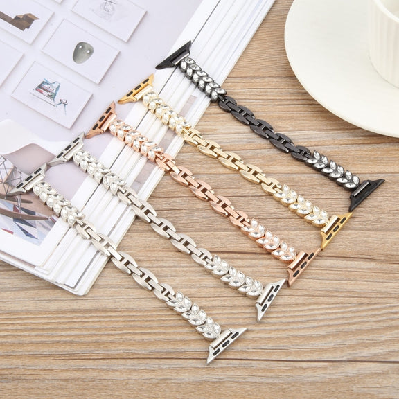 For Apple Watch 46mm / 49mm / 45mm / 44mm Quick Release Leaf Diamond Alloy Slim Watch Band(Gold)