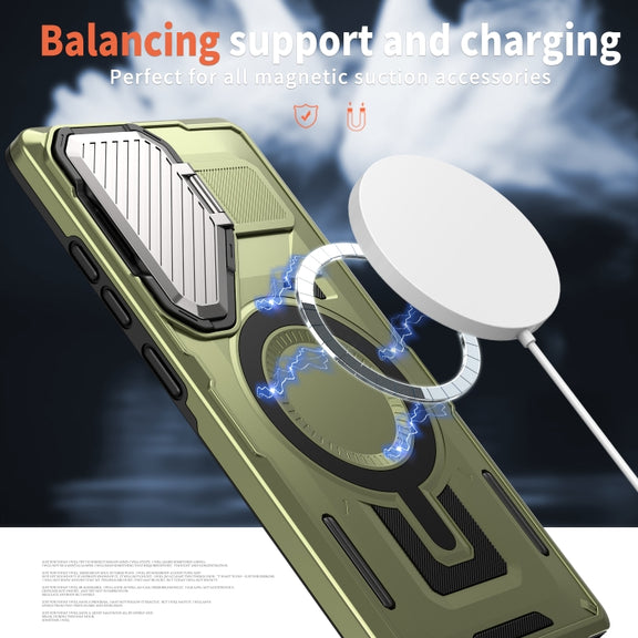 For Samsung Galaxy S25 5G Shield Frame Holder MagSafe Phone Case(Olive Green)