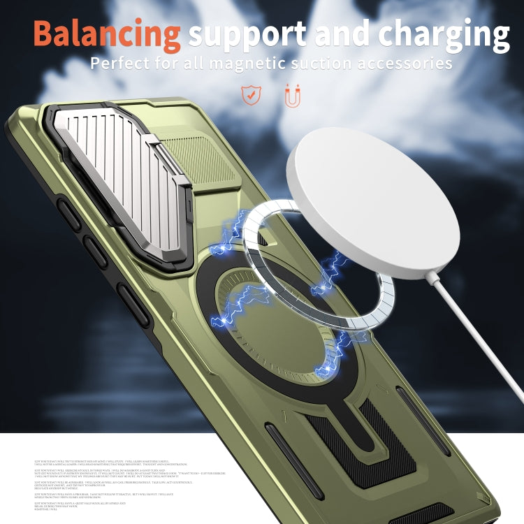 For Samsung Galaxy S25 5G Shield Frame Holder MagSafe Phone Case(Olive Green)