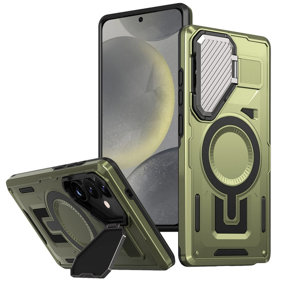 For Samsung Galaxy S25 5G Shield Frame Holder MagSafe Phone Case(Olive Green)