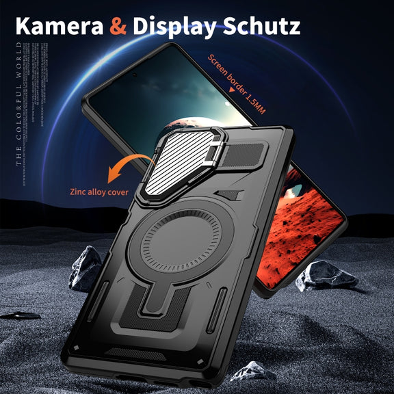 For Samsung Galaxy S25 5G Shield Frame Holder MagSafe Phone Case(Black)