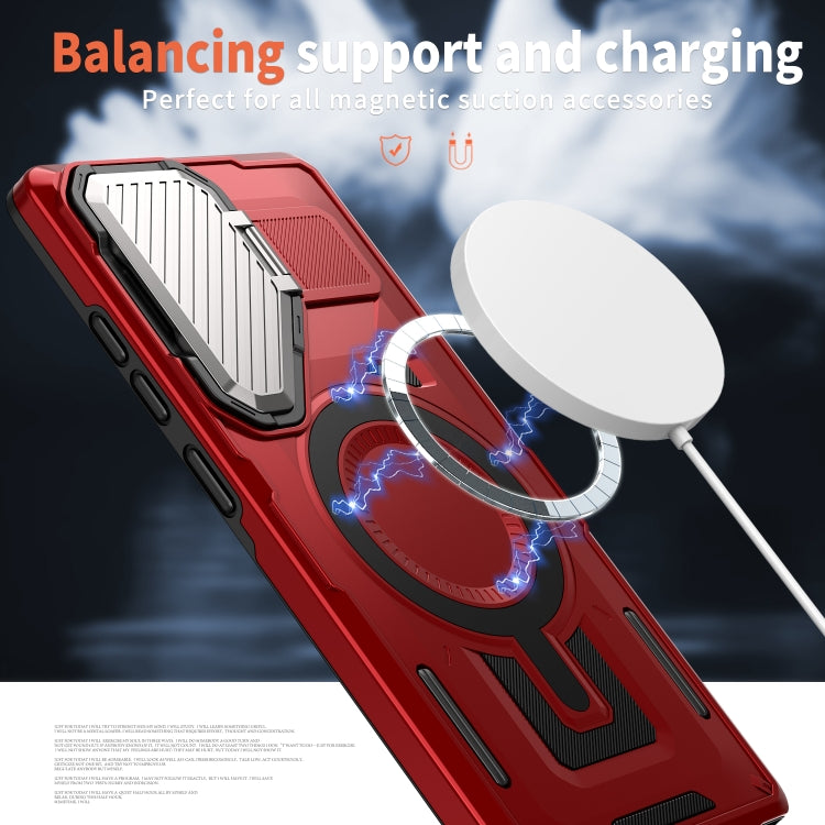 For Samsung Galaxy S25 5G Shield Frame Holder MagSafe Phone Case(Red)