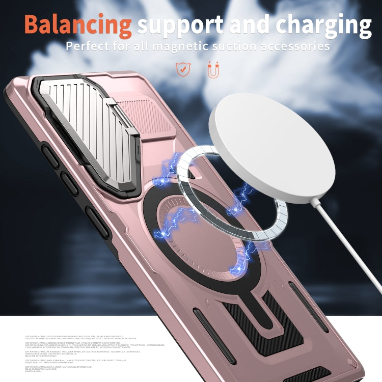 For Samsung Galaxy S25 5G Shield Frame Holder MagSafe Phone Case(Rose Gold)